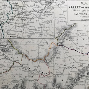 1875 Vallei van de Donau - originele antieke kaart Ratisbon to Presburg - Napoleontische oorlogen - Battle Map - Militaire geschiedenis - beschikbaar ingelijst
