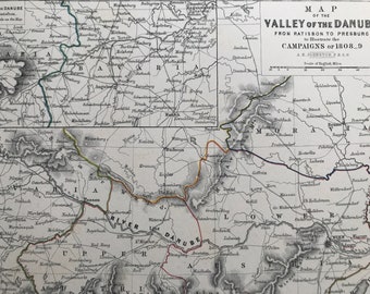 1875 Valley of the Danube - Ratisbon to Presburg Original Antique Map - Napoleonic Wars - Battle Map - Military History - Available Framed