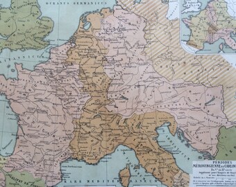 1903 Europe Antique Map - Periods Merovingienne et Carlonvingienne French Language Map - Geography - Cartography - Historical Map