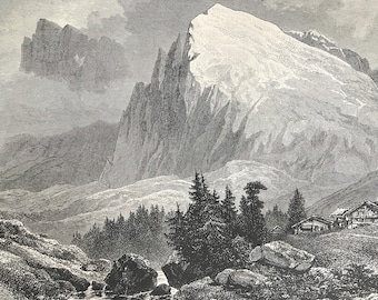 1876 The Langkofel and Plattkofel Original Antique Wood Engraving - South Tyrol - Italy - Mountain - Mounted and Matted - Available Framed