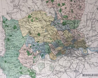 1868 Middlesex Large Original Antique Map showing railways, roads & parliamentary divisions - UK County - Wall Map