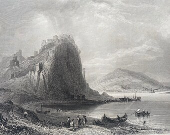1874 Castle Theban Original Antique Print - Austria, Hungary, Danube River - Mounted and Matted - Available Framed