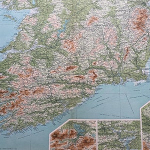 1922 IRELAND (Southern Section) Large Original Antique Times Atlas Physical Map with inset maps of Dublin, Cork and Killarney