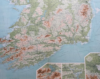 1922 IRELAND (Southern Section) Large Original Antique Times Atlas Physical Map with inset maps of Dublin, Cork and Killarney