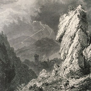 May include: A black and white engraving of a rocky landscape with a tower in the distance. The engraving is in a vintage style and depicts a dramatic scene.