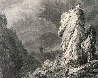 1876 Tower and Village of Les Clees Original Antique Wood Engraving - Switzerland - Mounted and Matted - Available Framed