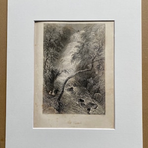 1840 Turk Cascade, Killarney Original Antique Engraving - Northern Ireland - Mounted and Matted - Available Framed