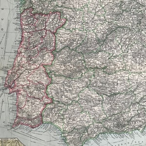 1903 Westspanien & Portugal Original Antike Karte mit Eisenbahnen, Kanälen, U-Boot-Kabeln und Nebenkarten von Madrid und Lissabon