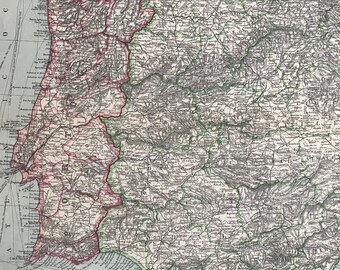 1903 Western Spain & Portugal Original Antique Map showing Railways, Canals, submarine cables and inset maps of Madrid and Lisbon