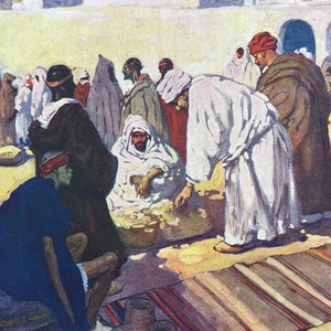 1904 Selling Grain in Mogador, Morocco Original Antique Print - Moroccan Landscape - Morocco - Mounted and Matted - Available Framed