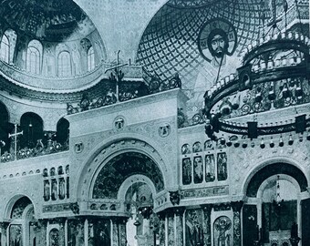 1930s Naval Cathedral of Cronstadt Original Vintage Print - Russian Architecture - Mounted and Matted - Available Framed