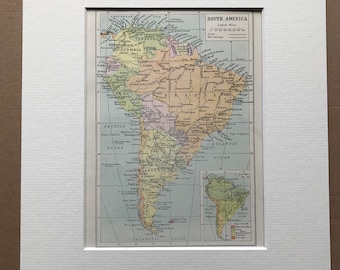 1940s South America Original Vintage Map with inset vegetation map - Continent Map - Mounted and Matted - Available Framed