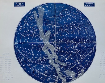 1884 August Star Map Original Antique Print - Astronomy - Astrology - Constellation - Galaxy - Milky Way - Celestial Art