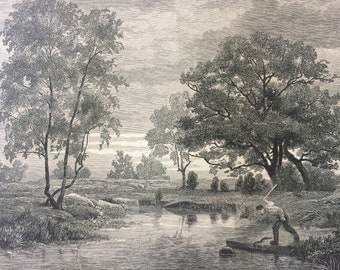 1876 Mare near Belle Croix Original Antique Wood Engraving - Mounted and Matted - France - Landscape - Decorative Art - Framed