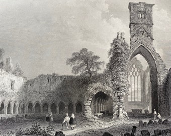 1840 Abbey of Sligo Original Antique Engraving - Landscape Scenery - Ireland - Mounted and Matted - Available Framed
