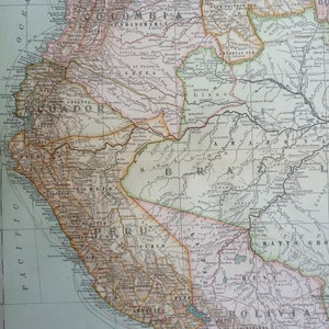 1903 Südamerika (Nordwesten) Original große antike Landkarte - Ecuador, Peru, Brasilien, Bolivien, Kolumbien