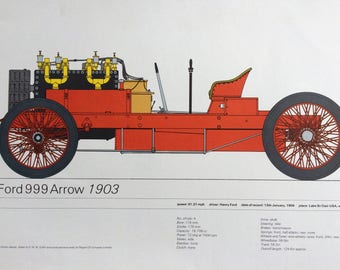 Original Vintage Veteran Car Land-Speed Record Holder Print - Ford 999 Arrow 1903 - Automobile - Motor Car - Vehicle - Automobilia