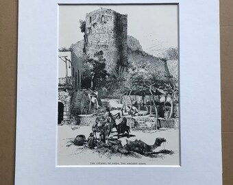 1880 The Citadel of Saida, The Ancient Sidon Original Antique Engraving - Mounted and Matted - Available Framed - Lebanon - Victorian Decor