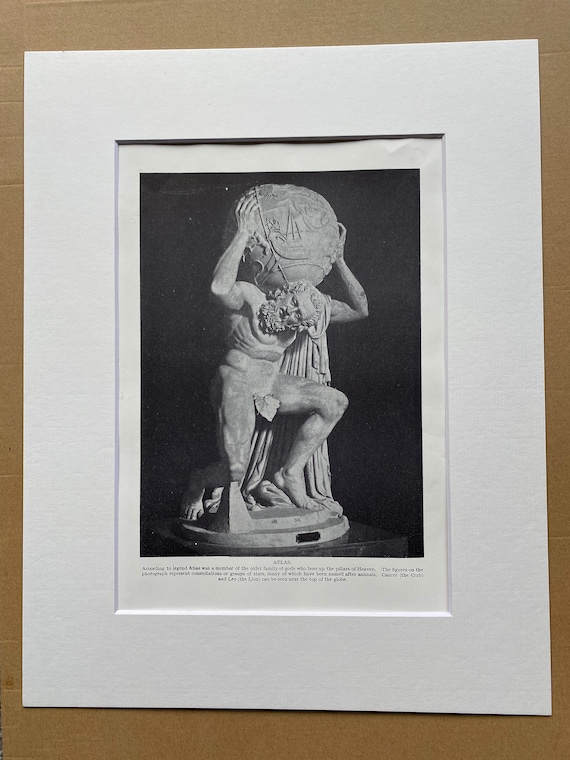 1923 Atlas Statue Original Antique Print - Mounted and Matted