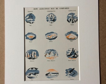 1940s Adjectives (Positive, Comparative, Superlative) Original Vintage Print - Mounted and Matted - Grammar - Available Framed