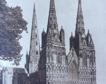 1940s Lichfield Cathedral Sepia Photo Original Vintage Print - Mounted and Matted - Architecture - Religion - Available Framed
