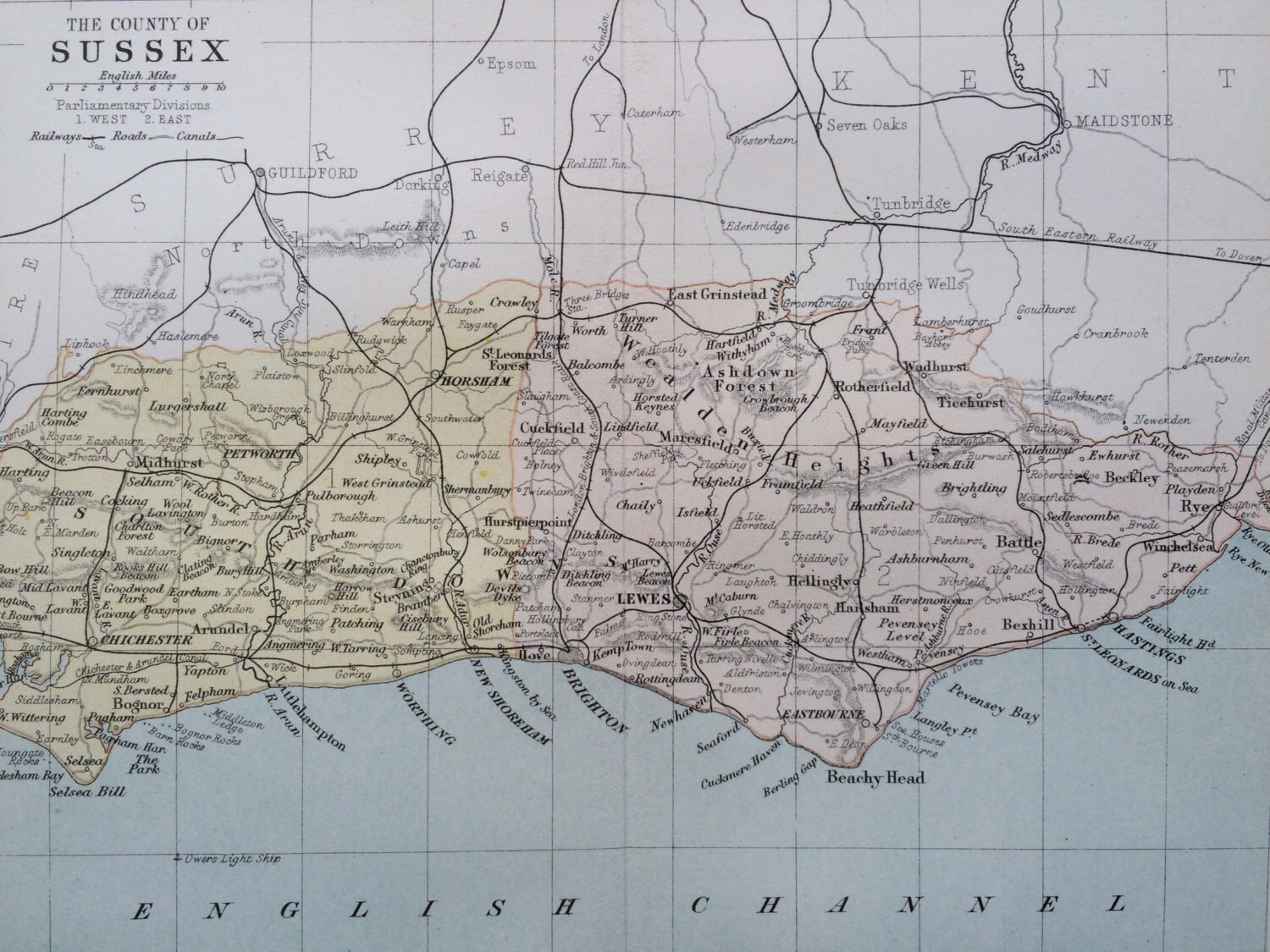 1882 SUSSEX original antique map, english county, cartography 