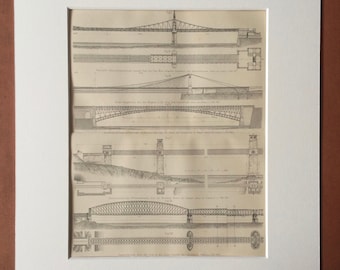 1876 Bridges Original Antique Print - Architecture - Victorian Technology - Victorian Decor - Available Framed