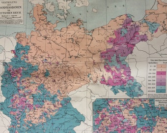 1894 Distribution of Christian Denominations in the German Empire Original Antique Map - Catholic & Protestant Available Framed