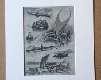 1940s Types of Watercraft Original Vintage Print - Mounted and Matted - Boat - Sailing - Kayak - Catamaran - Retro Decor - Available Framed