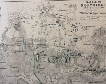 1875 Battle of Montmirail Original Antique Matted Map - Military History - Warfare - Napoleonic Wars - Military Decor - Napoleon