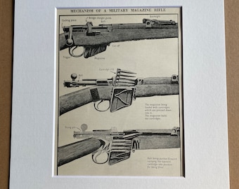 1940s Mechanism of a Military Magazine Rifle Original Vintage Print - Military Decor - Weapons - Mounted and Matted - Available Framed