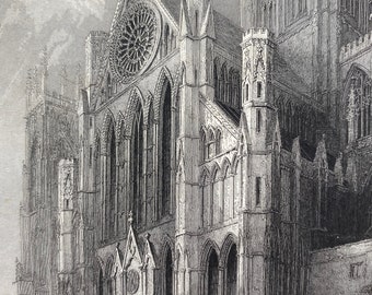 1836 York Cathedral - South Trancept Original Antique Engraving - Architecture - Mounted and Matted - Available Framed