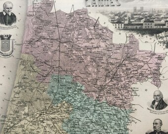 1890 Landes  Original Antique Map - Department of France - Inset Steel Engravings of Mont de Marsan and Local Dignitary Portraits
