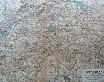 1903 Switzerland and Liechtenstein Original Large Antique Map - Wall Map - Home Decor - Cartography - 11 x 16 Inches - Detailed Map