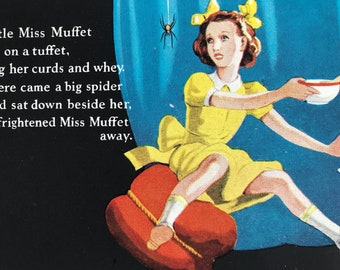 1940s Little Miss Muffet Original Vintage Illustration - Mounted and Matted - Nursery Rhyme Illustration - Available Framed