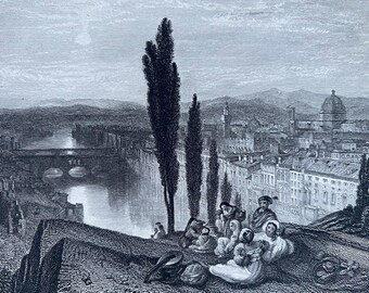 1836 Florence by JMW Turner Original Antique Print - Italy - Engraving - Mounted and Matted - Available Framed