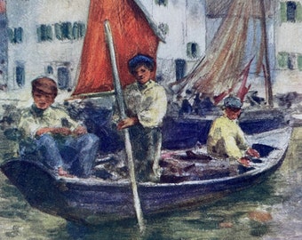 1904 Fishermen of the Marina Original Antique Print - Venice - Italy - Mounted and Matted - Available Framed