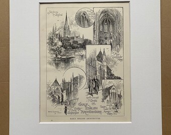 1900 Early English Architecture Original Antique Print - Mounted and Matted - Available Framed - Salisbury Cathedral - Westminster Abbey