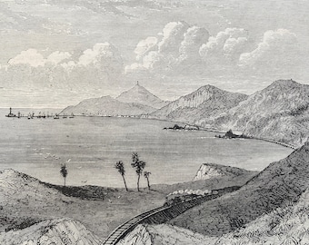 1880 Port Moeraki Original Antique Print - New Zealand - Mounted and Matted - Available Framed