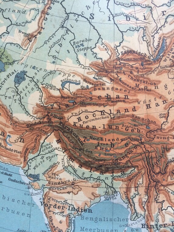 1888 Original Antique Colour Physical Map of Asia Mountains - Etsy