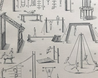 1897 Gymnastics Original Antique Print - Sports Decor - Gift for Gymnast - Mounted and Matted - Available Framed