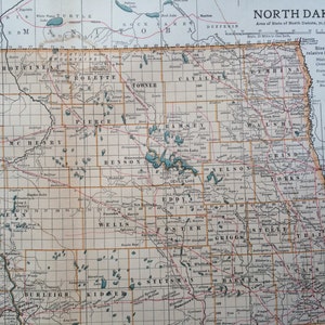 Mapa antiguo original de Dakota del Norte de 1903, mapa de pared, decoración del hogar, cartografía, 11 x 16 pulgadas, mapa detallado, geografía
