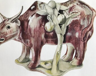 1953 Buffalo and Peach Tree Original Vintage Print - Staffordshire Pottery - Ceramics - Mounted and Matted - Available Framed