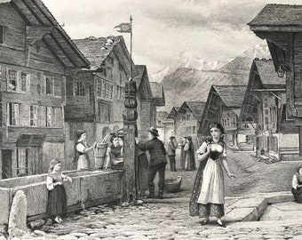 1876 Meyringen Original Antique Steel Engraving - Meiringen, Switzerland - Mounted and Matted - Available Framed