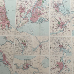 1922 AMERICAN CITIES Große Original Antique Times Atlas Landkarte - Chicago - NYC - San Francisco - Washington - New Orleans - Baltimore - Toronto