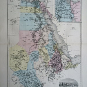 Carte ancienne originale de l'Égypte et de l'Abyssinie de 1892, Nouvel Atlas Illustre, carte de l'atlas français, géographie, cartographie, carte historique