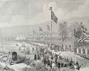 1864 Argentina - Turning the First Turf of the Buenos Aires Great Southern Railway Original Antique Engraving - Available Framed