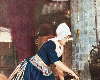 1940s Maid Cleaning Dutch Home Original Vintage Print - Holland - Mounted and Matted - Available Framed