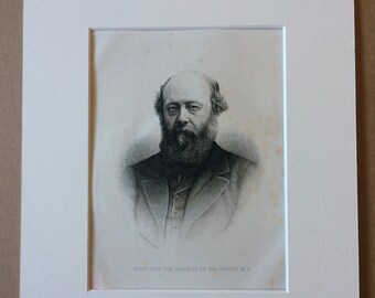 1890 Marquis of Salisbury Original Antique Engraving - Mounted and Matted - Available Framed - Portrait - Portraiture - History