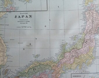 1901 JAPAN Large Original Antique Map, 22.5 x 14.5 inches, Home Decor, Cartography, Geography, Vintage Decor